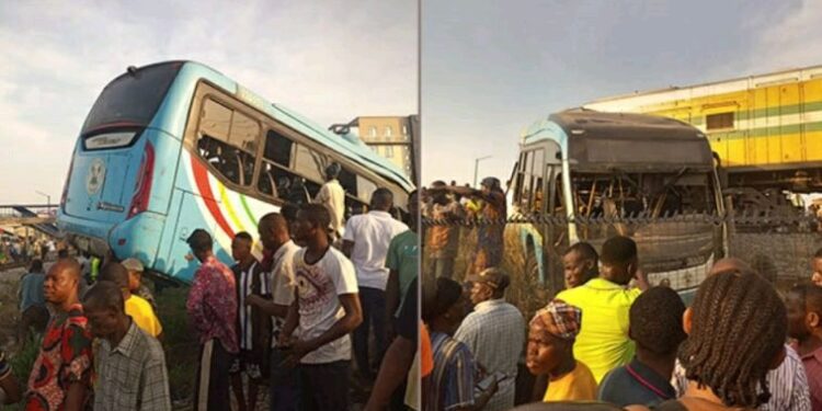 BREAKING: Train crushes Lagos staff bus, passengers injured (PHOTOS, VIDEO)
