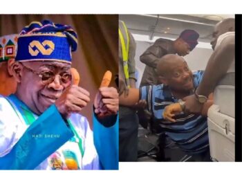 Watch moment Peter Obi supporter thrown out of plane for saying Tinubu should not be sworn in as president (VIDEO)
