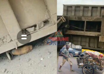 Sad! Container f@lls on cart pusher in Lagos